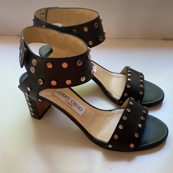 Jimmy Choo Veto 100‎ Silver Studded Block Heel Sandals Black Nappa Leather 38 - Picture 7 of 11